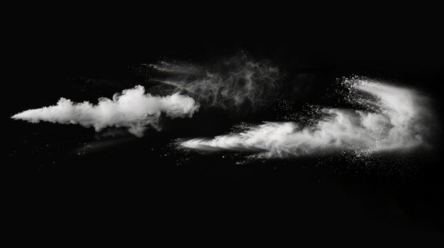 An isolated set of dust powder splash clouds on a black background