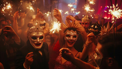 A party of cheerful friends in a nightclub with alcoholic drinks and carnival masks.