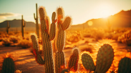 Close-up of different cacti against a desert background. Sweltering heat. Desert landscape. Generative AI - obrazy, fototapety, plakaty