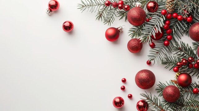An ornamental garland made of red balls and fir tree branches is arranged on a white background as a Christmas, winter, new year concept. The image could be flat lay, top view, or copy space.