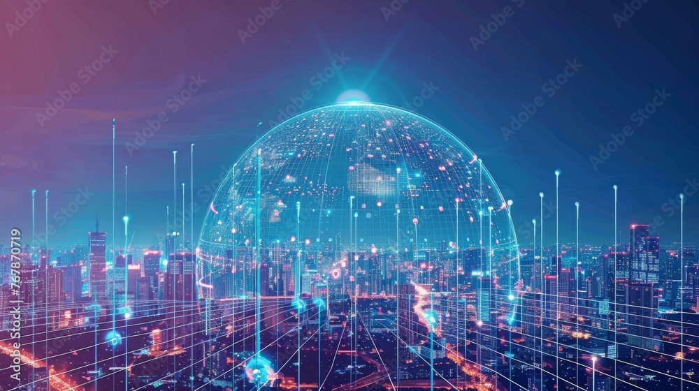 Poster An image of a modern cityscape background with a wireless network in the background of a global world telecommunication network.......