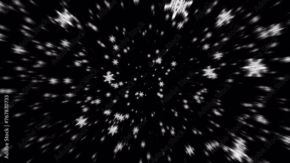 Wall mural beautiful loop falling moving white star flakes particles radial blurred animation on black abstract