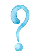 Question mark isolated on a white background, watercolor illustration hand-drawn. A decorative element for design, decoration. The texture of the watercolor. Blue punctuation mark for the question.