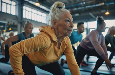 Elderly people doing yoga with multiethnic friends in a fitness center, closeup photo of happy senior men and women stretching their arms while sitting on the sports floor together at a gym class