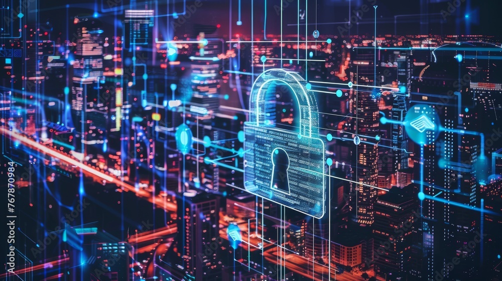 Poster data protection concept with city background...........