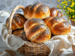 Delicious fragrant rolls with poppy seeds in a basket in a bright kitchen