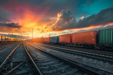 Fototapeta premium A commercial logistics freight train carrying containers travels down train tracks under a cloudy sky