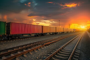 Fototapeta premium A commercial logistics train is seen traveling down train tracks under a cloudy sky, carrying freight containers