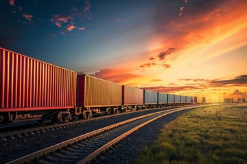 Fototapeta premium A commercial logistics freight train carrying containers travels down train tracks during sunset