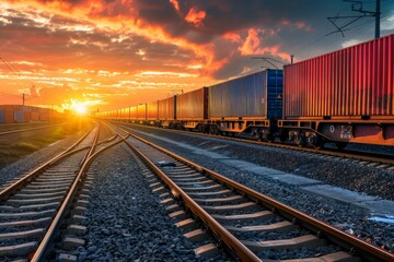Fototapeta na wymiar A logistics commercial freight train transports containers on train tracks during sunset