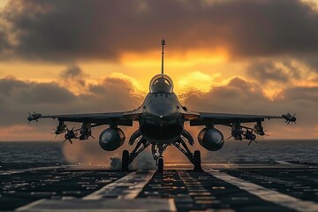 Front view of an F-16 fighter landing and taxiing on an aircraft carrier runway. Cloudy evening sky and sea horizon in the background. - obrazy, fototapety, plakaty