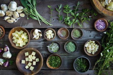 Overhead view of a wooden table adorned with bowls filled with an assortment of delicious food items