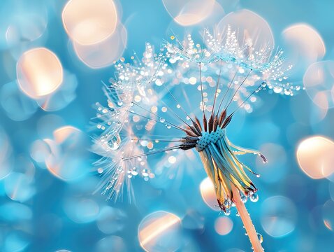 Beautiful dew drops on a dandelion seed macro. Beautiful blue background. Large golden dew drops on a parachute dandelion