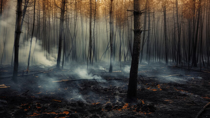 Wild forest fire. Burned trees after forest fires, lots of smoke. Natural disasters concept. Generative AI