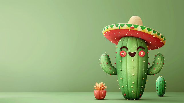 
A charming cartoon depiction of a cactus wearing a sombrero, positioned against a tranquil green backdrop