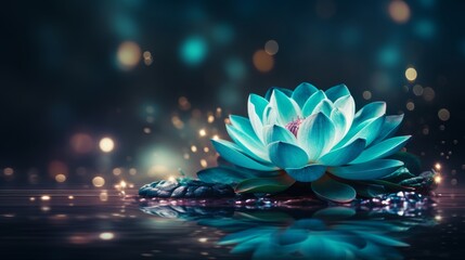 Glowing lotus on turquoise water with free copy space for text, serene natural background