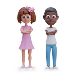 Vector girl and boy standing with arms crossed on chest. Children of different genders and races