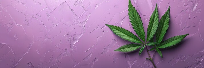 Cannabis leaf on a textured pastel purple background with space for copy, minimalistic style