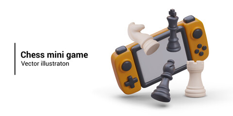 Concept of mini chess game. Realistic game console, black and white chess pieces