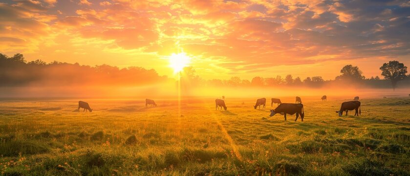 With the sun rising in the background, cattle graze in a field.