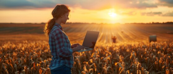A woman engineer with her laptop walks past a harvested corn field as a landowner bales at sunset during harvesting - obrazy, fototapety, plakaty
