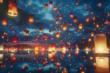 Glowing Lantern Festival: Nighttime shot of a lantern festival, with colorful lanterns floating into the sky.

