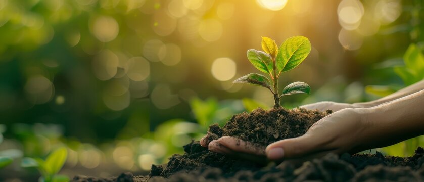 An image of the hands of a farmer nurturing a tree growing on fertile soil against an Earth Day background of green and yellow.