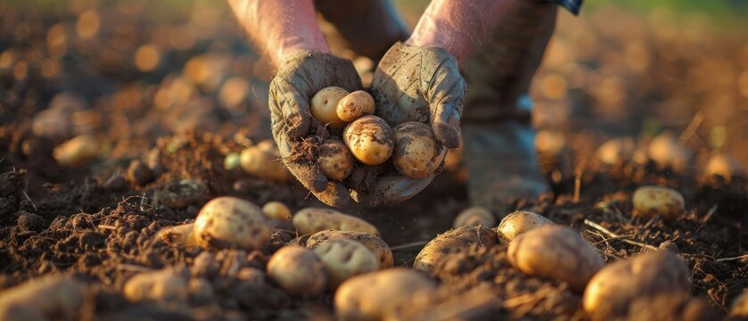 At the field, a farmer shows off his organic potato harvest.