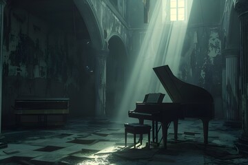 Piano in an Abandoned Building: An old piano sitting alone in the midst of an abandoned building, evoking a sense of mystery.

 - obrazy, fototapety, plakaty