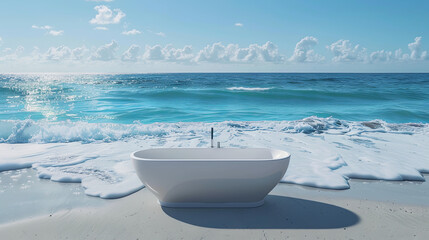 White bathtub on the shore of the beautiful turquoise ocean - obrazy, fototapety, plakaty