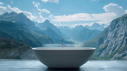 The scene is set with a backdrop of stunning mountains for a luxurious white bathtub