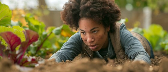 In an urban garden, an african-american woman inspects newly pulled beets - obrazy, fototapety, plakaty