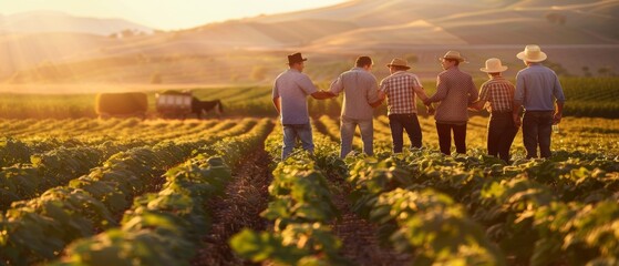 Farmer in a field shaking hands with his family. - obrazy, fototapety, plakaty