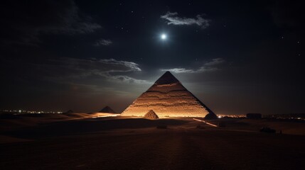 Fototapeta na wymiar Majestic pyramid atop mountain glowing under moonlight, creating a captivating scene