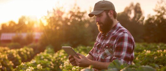 An elderly farmer with a beard and a cap works in the field in the spring and uses a digital tablet. An elderly farmer using a digital tablet. Technology concept.