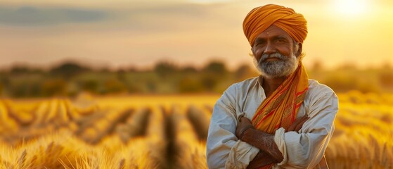 Hands folded in wheat field, an Indian farmer is worry-free