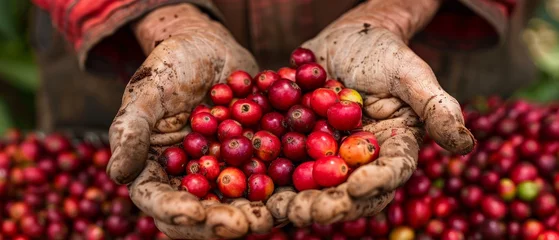 Fensteraufkleber Agriculturalists holding arabica and robusta coffee berries, Gia Lai, Vietnam © Zaleman