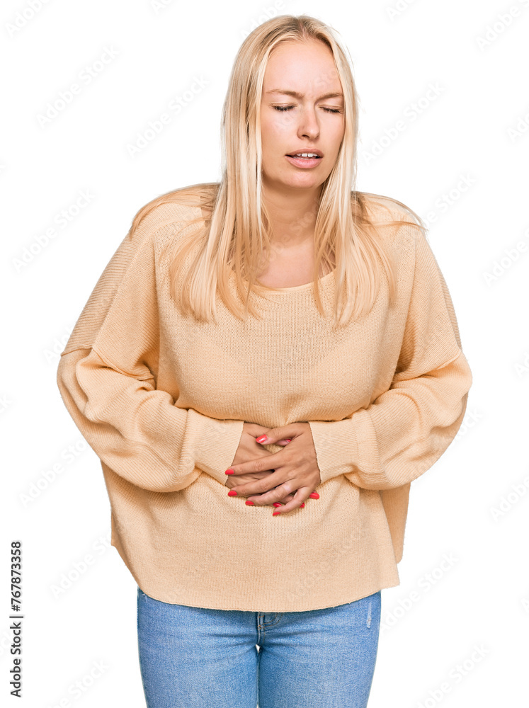 Poster young blonde girl wearing casual clothes with hand on stomach because nausea, painful disease feelin