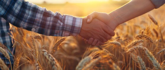 A male and female farmer extend their hands in a wheat field in the sunshine. A deal has been reached, a handshake is exchanged. - obrazy, fototapety, plakaty