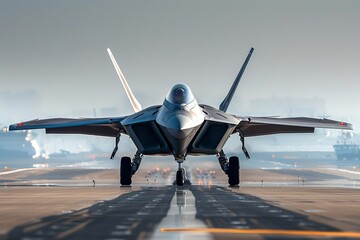 Front view of an F-22 Raptor fighter jet accelerating during takeoff on an aircraft carrier runway. The aircraft is sent on combat duty in offshore waters.