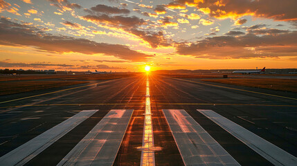 The golden hour casts a fiery glow over the clouds above the airport runway, inviting wanderlust and adventure - obrazy, fototapety, plakaty