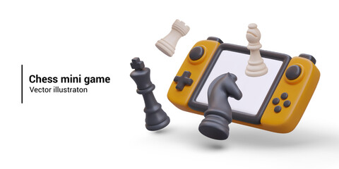 Realistic game console with blank screen, black and white chess pieces