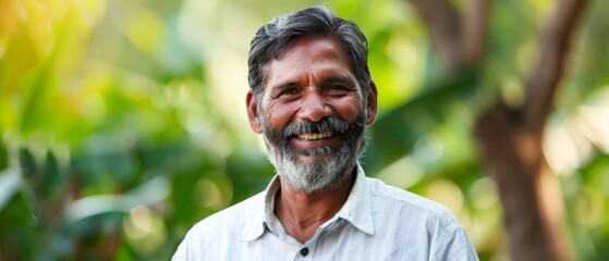 White background with a happy Indian man with a beard in rural India. Funky expressions.