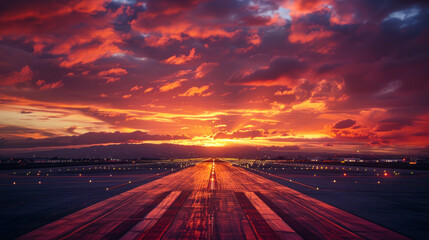 This striking image showcases the brilliance of a sunset above the runway, creating a captivating atmosphere at the airport - obrazy, fototapety, plakaty
