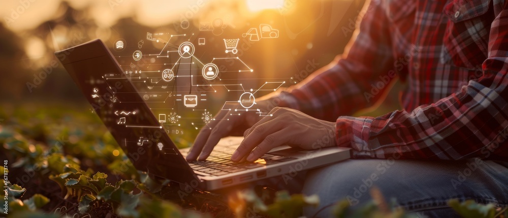 Poster business agriculture technology concept of farmer using digital laptop computer with modern interfac
