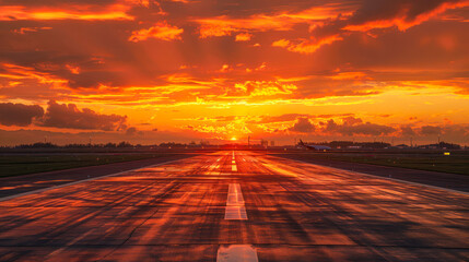 An airstrip basks under the golden hour light, with clouds adding to the dramatic effect