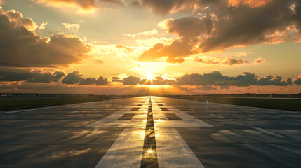 A breathtaking view of sunset over an airport runway, reflecting on the tarmac with dramatic clouds in the sky - 767873732