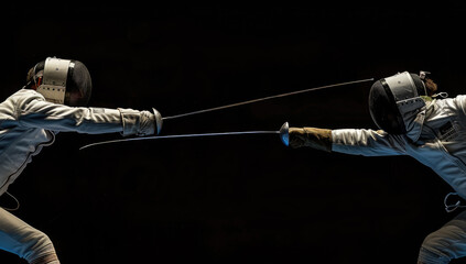 fencing sport, two fencers fighting each other with their foils on a black background, closeup of the foil and its metal tip hitting another's mask - obrazy, fototapety, plakaty