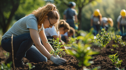 a group of people in a cheerful atmosphere on a beautiful sunny day in the park plant young trees with their hands on loose soil, a green planet is the key to the future