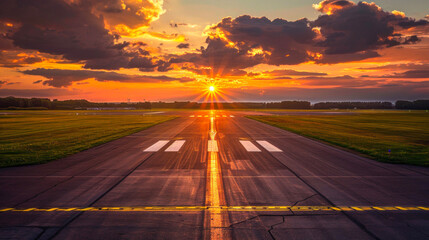 A dazzling sunset with an array of clouds above an airfield runway in a green field - obrazy, fototapety, plakaty
